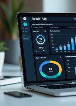 Graphiques et métriques Google Analytics montrant l'analyse du trafic et des conversions web